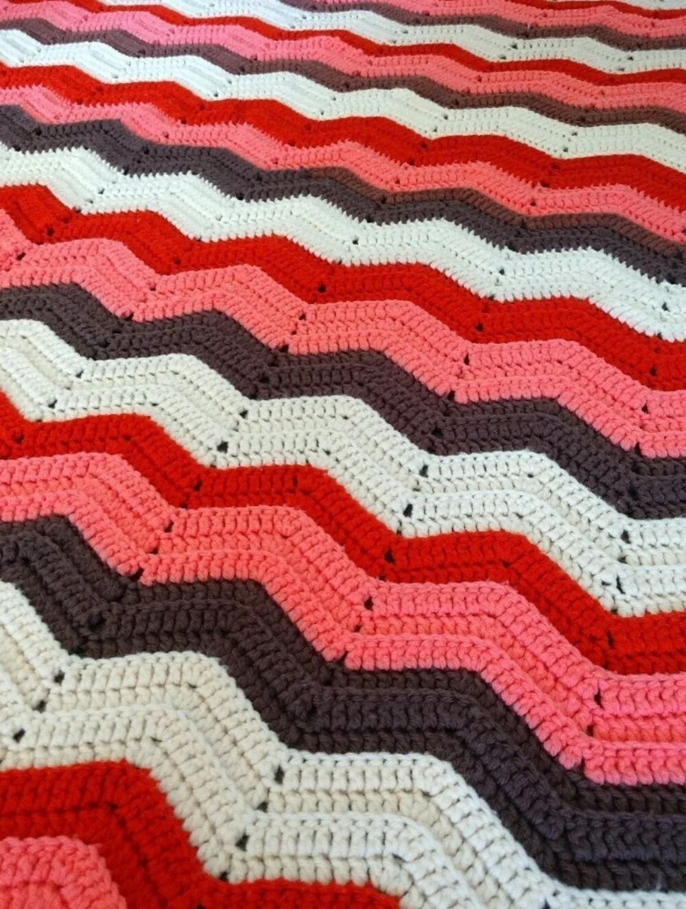 VTG Crocheted Afghan Blanket 56”x59”  Rust  Cherry Bubblegum Pink Iconic Tv Set